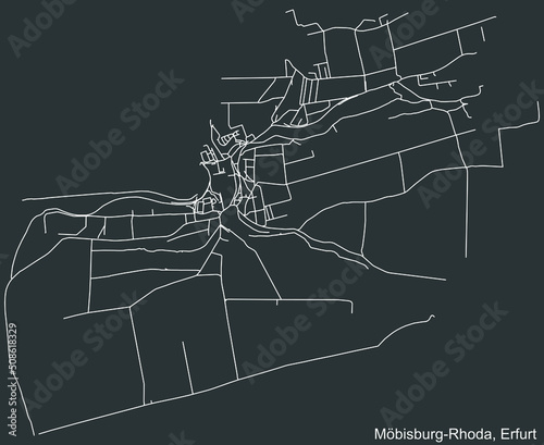 Detailed negative navigation white lines urban street roads map of the MÖBISBURG-RHODA DISTRICT of the German regional capital city of Erfurt, Germany on dark gray background