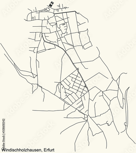 Detailed navigation black lines urban street roads map of the WINDISCHHOLZHAUSEN DISTRICT of the German regional capital city of Erfurt, Germany on vintage beige background © Momcilo