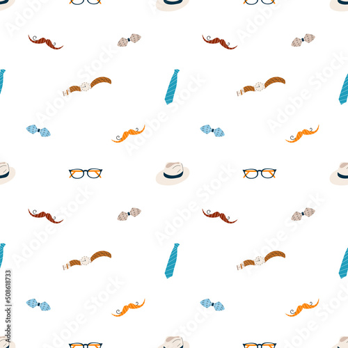 Father's Day seamless pattern background. Vector pattern with mustashe, neck tie, bow, glasses, hat, watch. Repeating texture for dad party