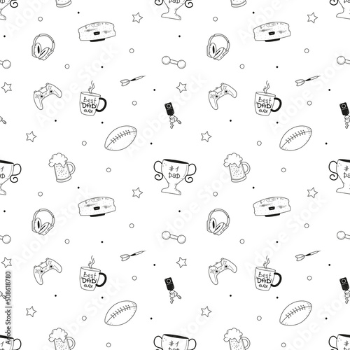 Father's day seamless pattern with male hobbies icons. Coffee, beer, games, sport, music items background. Vector doodle style illustration