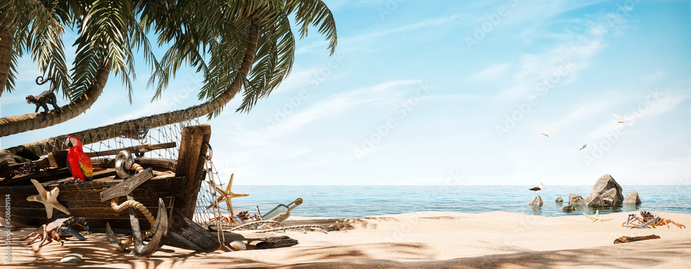 Naklejka premium Stranded wooden boat on the beach under the palm tree with beautiful sea view 3D Rendering, 3D Illustration