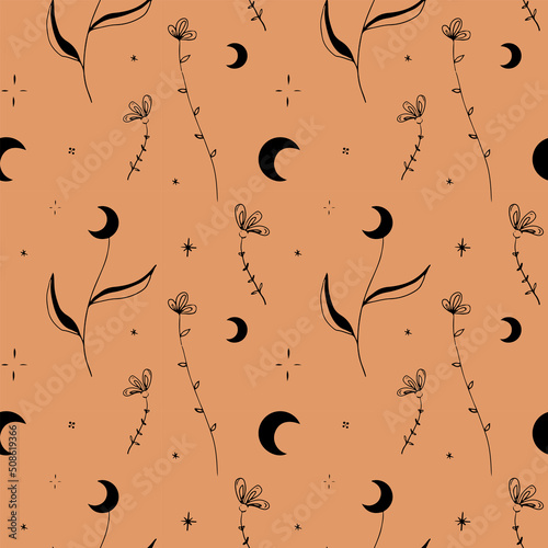 Bohemian moon, flower, plant seamless pattern background. Abstract celestial art print. Vector trendy mystic hand drawn texture