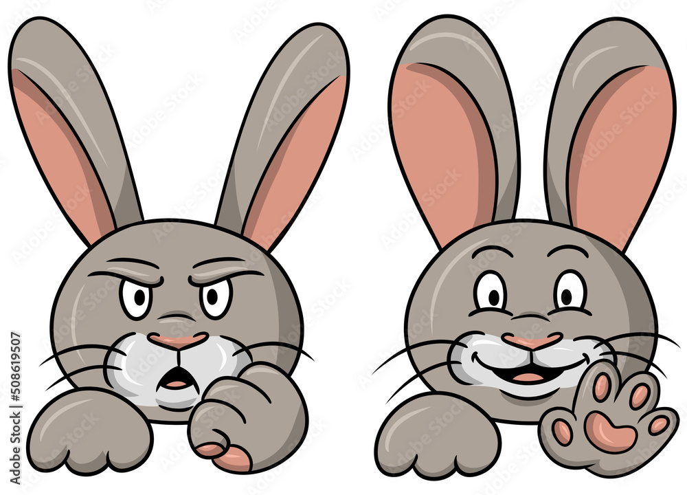A collection of cute fluffy rabbits in cartoon style, cute rabbit paws and ears, a rabbit is happy and angry A collection of cute fluffy rabbits in cartoon style, cute rabbit paws and ears, a rabbit is happy and angry