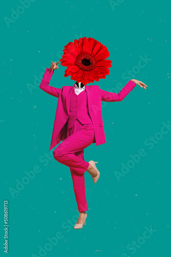 Fototapeta Vertical composite collage image of person dancing red flower instead head isolated on drawing background