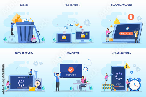set bundle Digital technology. Delete, file transfer, blocked account, data recovery, completed, update system