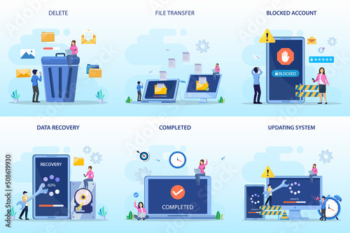 set bundle Digital technology. Delete, file transfer, blocked account, data recovery, completed, update system