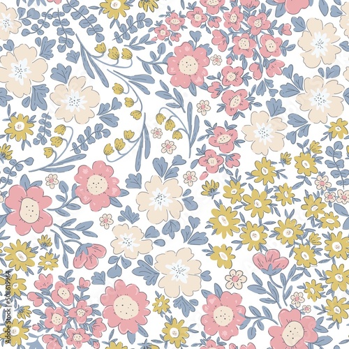 Beautiful seamless floral pattern with cute abstract flowers. Stock illustration.