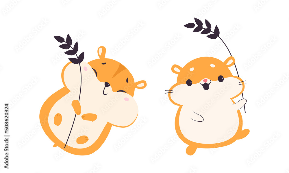 Cute Hamster Character with Stout Body Holding Spikelet Vector Set Cute Hamster Character with Stout Body Holding Spikelet Vector Set