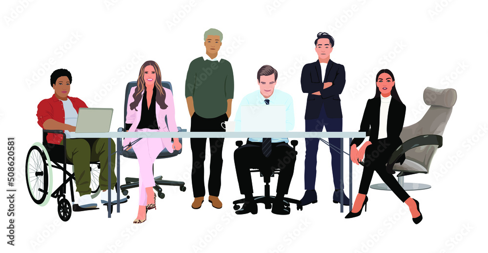 Business meeting and team work. Diverse group of people, entrepreneurs, or  office workers working together. Inclusive business concept. Cartoon  realistic vector illustration isolated on white. Stock Vector | Adobe Stock