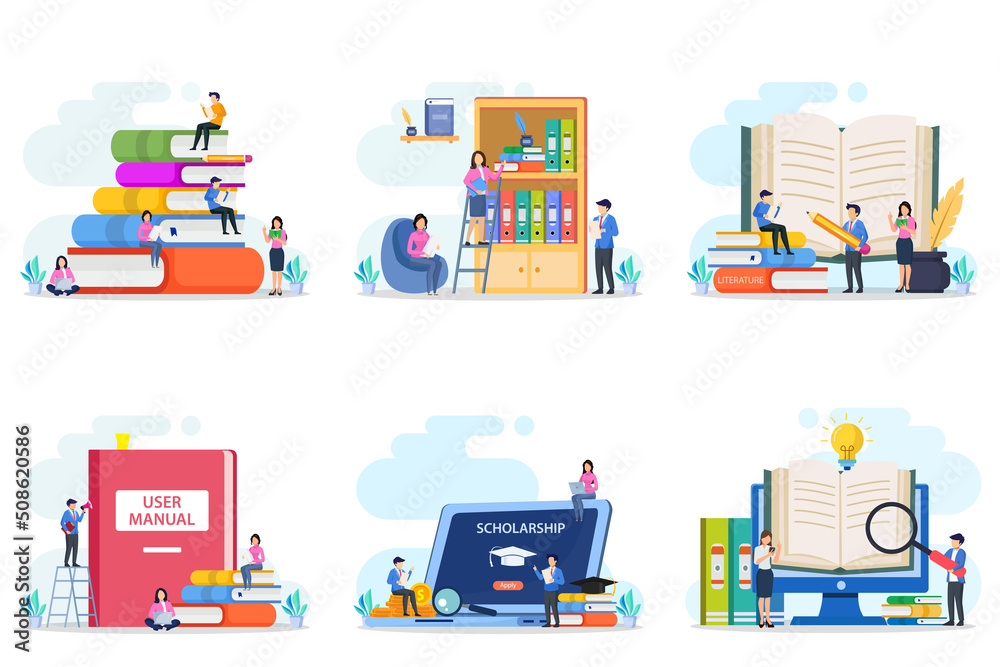 Set bundle library concept, online library for education, online reference concept, book, user manual, literature or elearning. Flat vector template