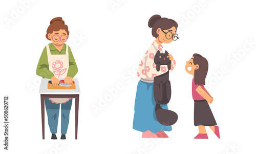 Senior Woman Stroking Cat Talking to Granddaughter and Cooking Vector Set