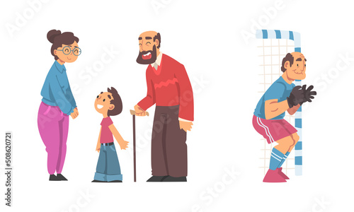Senior Man and Woman Talking to Grandson and Standing in Football Goalpost Vector Set