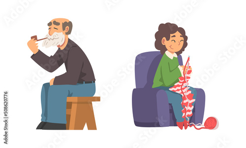 Senior Man and Woman Smoking Pipe and Knitting Sitting in Armchair Vector Set