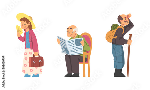 Senior Man and Woman with Backpack Hiking and Reading Newspaper Vector Set