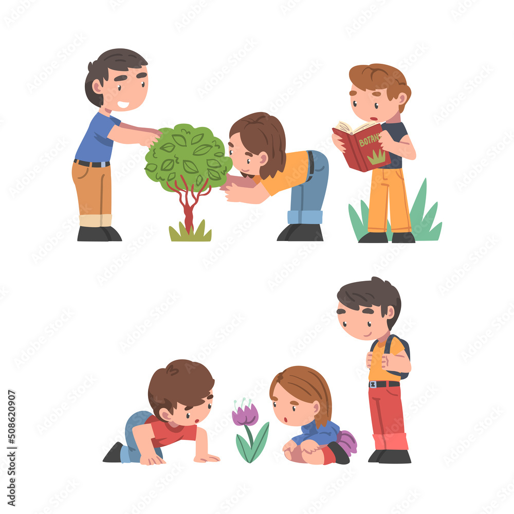 Curious Boy and Girl Near Blooming Flower with Book Studying Plant and Exploring Environment Vector Set Curious Boy and Girl Near Blooming Flower with Book Studying Plant and Exploring Environment Vector Set