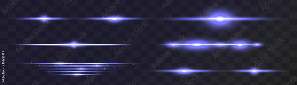 Set of blue horizontal lens flares pack. Abstract light flares, laser beams, sparkling lined, horizontal light rays. Vector illustration.