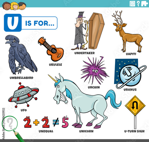 letter u words educational set with cartoon characters