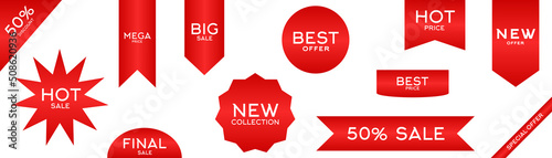 Set of Price tags. Discount red ribbons. Sale and shopping tags. Vector collection