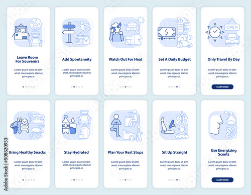 Comfortable road trip light blue onboarding mobile app screen set. Walkthrough 5 steps editable graphic instructions with linear concepts. UI, UX, GUI template. Myriad Pro-Bold, Regular fonts used