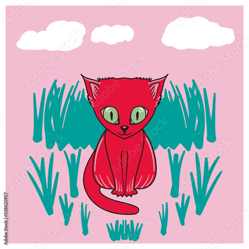 Gato en paisaje. Colorida ilustración de animal pequeño. Tierno animalito al sol. Ilustración infantil para poster. Zorro rojo. Fondo rosa. photo
