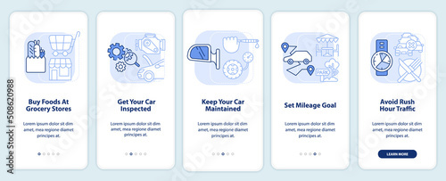 Road trip tips light blue onboarding mobile app screen. Car travel walkthrough 5 steps editable graphic instructions with linear concepts. UI, UX, GUI template. Myriad Pro-Bold, Regular fonts used