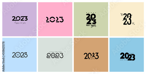 Collection of 2023 Happy New Year logo text design. ?oncept 2023 number design template. Vector colored 2023 Happy New Year symbols. Illustration with black labels isolated on colorful background.