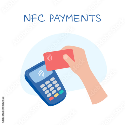 NFC payments. Contactless purchase payment by bank card and POS terminal. Near Field Communication NFC technology. Cashless paying. Hand holding plastic card. Flat vector illustration