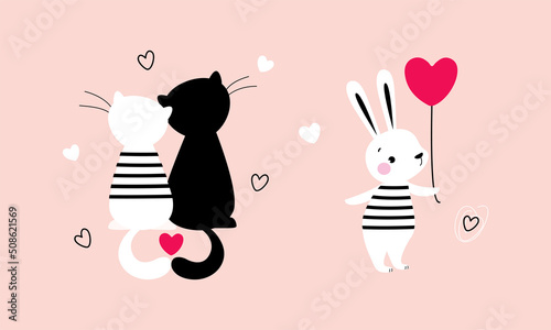 Cute Little Cat Couple and Bunny with Heart Balloon as Valentine Day Celebration Vector Set