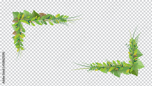 Set of corner border from plants, fresh and succulent leaves with bud flowers. Can be used in design and decoration