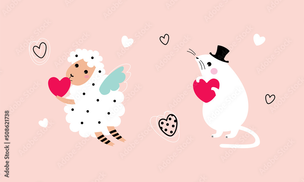 Cute Little Sheep and Mouse with Heart as Valentine Day Celebration Vector Set