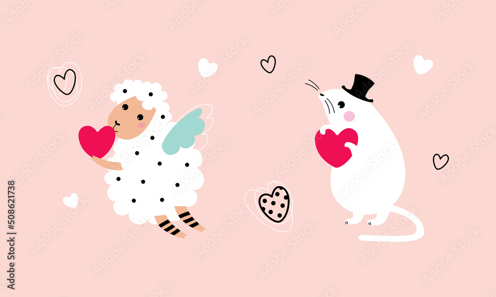 Cute Little Sheep and Mouse with Heart as Valentine Day Celebration Vector Set Cute Little Sheep and Mouse with Heart as Valentine Day Celebration Vector Set