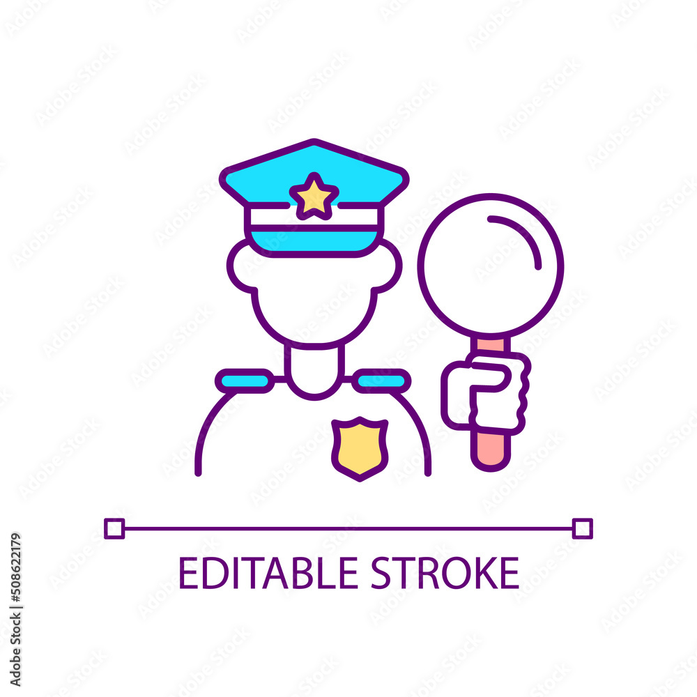 Crime scene investigation RGB color icon. Law enforcement officer. Investigative procedure. Police duty. Isolated vector illustration. Simple filled line drawing. Editable stroke. Arial font used