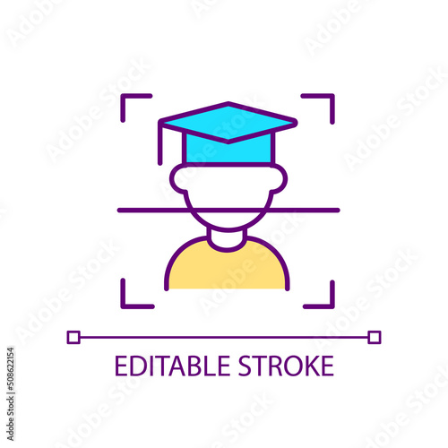 Biometric student identification RGB color icon. Facial authentication. Monitoring attendance in school. Isolated vector illustration. Simple filled line drawing. Editable stroke. Arial font used
