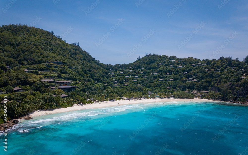 Aerial views of one of Seychelles' luxury hotels, a paradise place (aerial drone photo). Seychelles