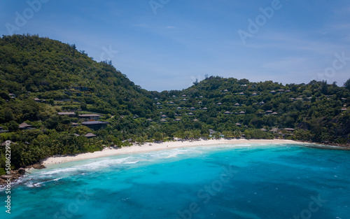 Aerial views of one of Seychelles' luxury hotels, a paradise place (aerial drone photo). Seychelles