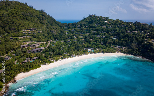 Aerial views of one of Seychelles' luxury hotels, a paradise place (aerial drone photo). Seychelles © Oleg Polyakov