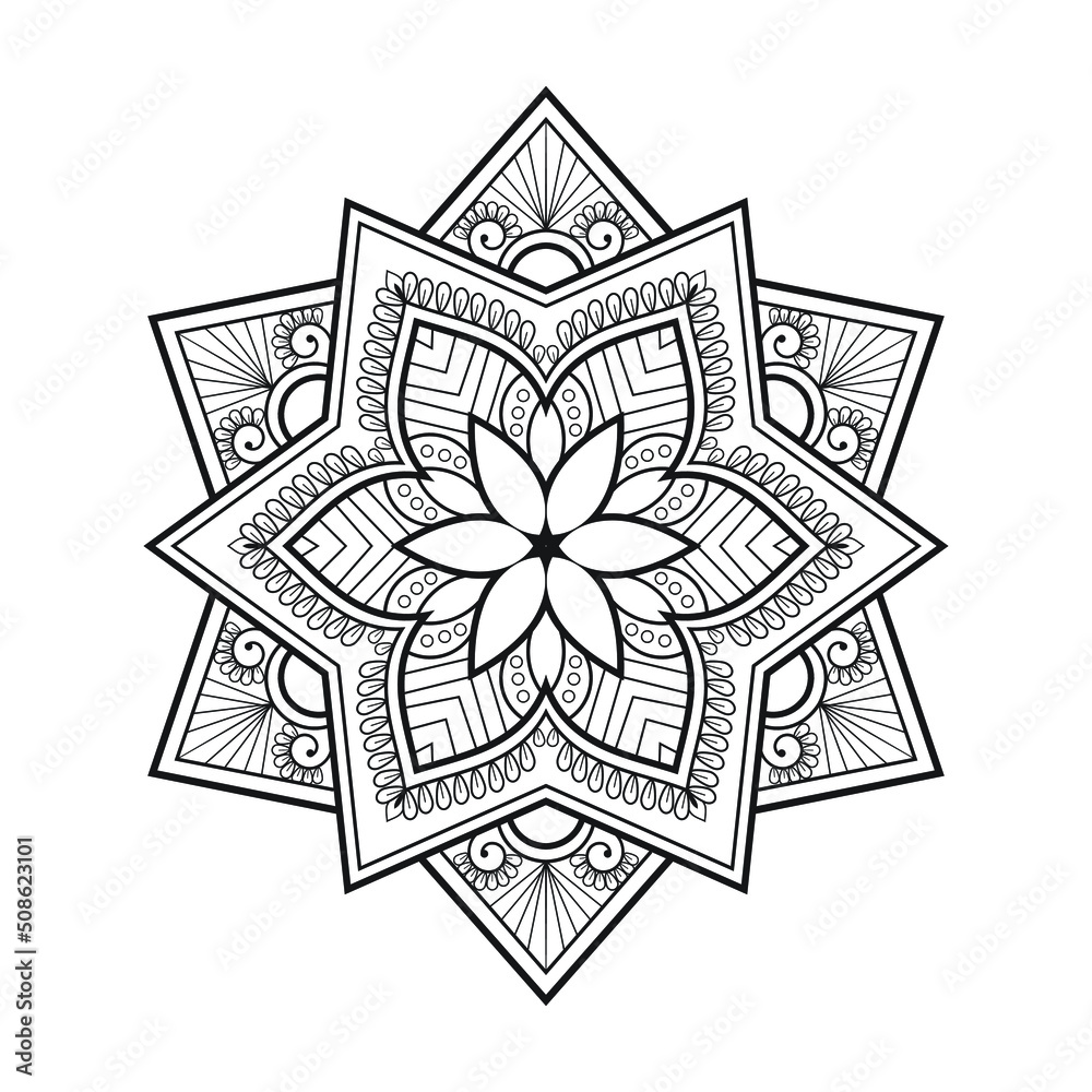 Mandala KDP coloring pages. Black and white flower outline coloring book mandala. Line art  Mandala pattern vector. Indian ethnic style Islamic mandala design