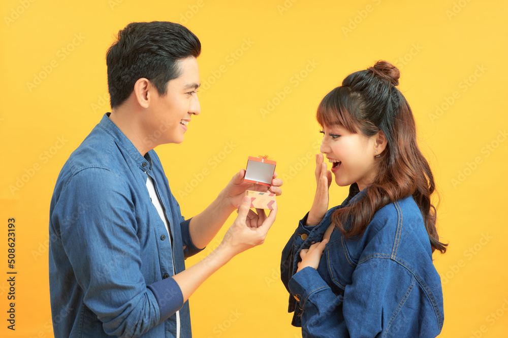 Proposal with a man asking marry to his happy girlfriend Proposal with a man asking marry to his happy girlfriend