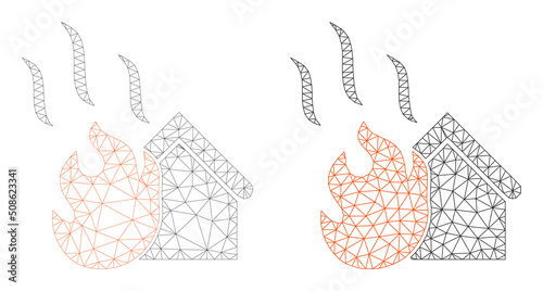 Polygonal mesh house fire icons. Flat mesh versions created from house fire pictogram and mesh lines. Abstract lines, triangles and points organized into house fire mesh.