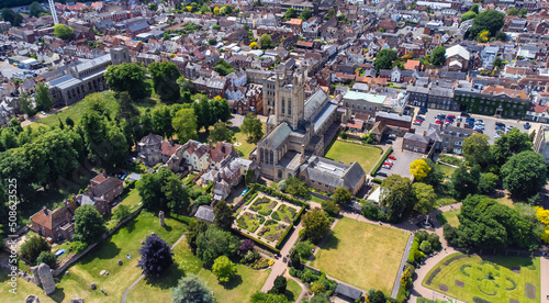 An aerial view of the St Edmundsbury Cathedral in Bury St Edmunds, Suffolk, UK photo