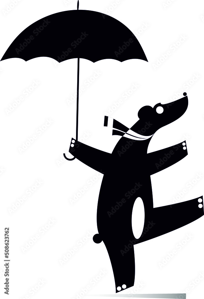 Funny bear with an umbrella illustration. 
Rain, funny bear with umbrella. Black and white

