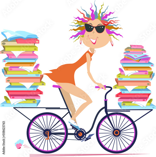 Young woman carries papers or books by bike illustration. Smiling young woman in sunglasses with piles of documents or books rides on the bike. Isolated on white background 