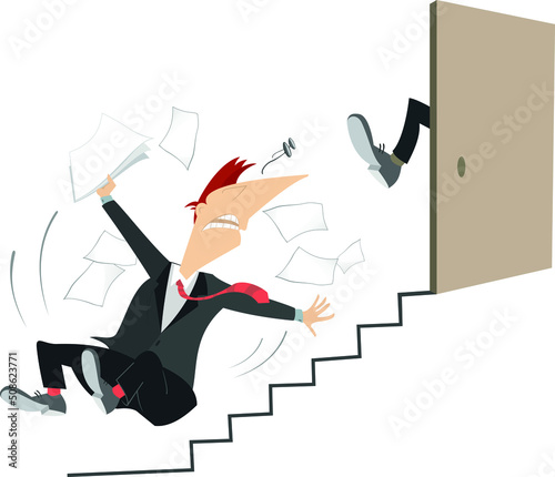 Problems with business communication concept. 
Man is given a kick to the ass the leg outside the open door and falls down the stairs
