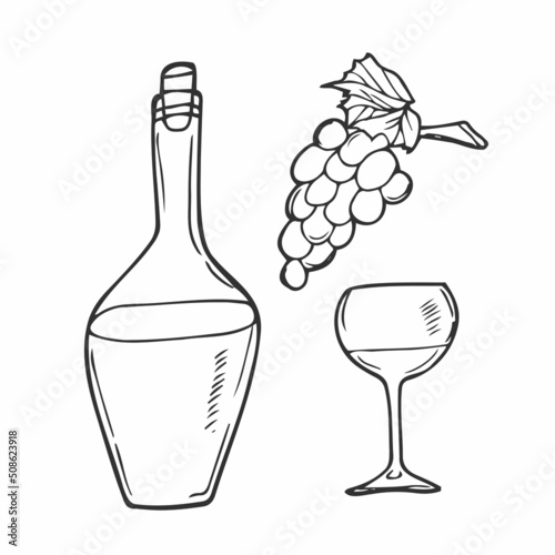 bottle, glasses with wine and empty set icon, sticker. sketch hand drawn doodle style. minimalism, monochrome. drinks, bar