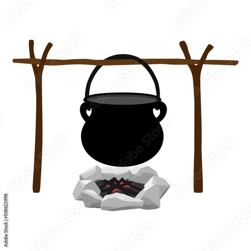 Empty pot over campfire isolated on white background. Camping pot over bonfire