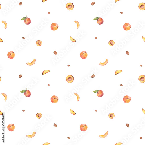 Fototapeta Naklejka Na Ścianę i Meble -  Seamless watercolor pattern with juicy peaches, slices of peach on white background. Botanical design with useful fruits for fabrics, textile, wallpaper, scrapbooking paper.