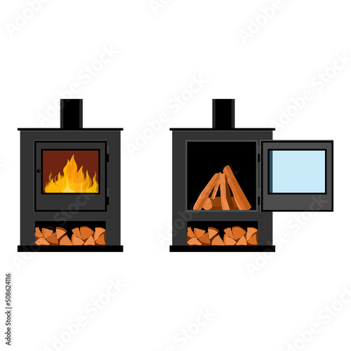 Burning firewood in a fireplace stove