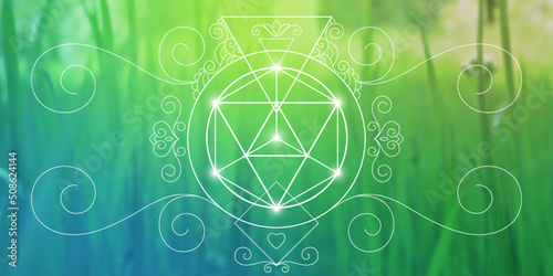 Sacred geometry zentangle inspired design template with oriental tribal ornaments. Merkaba ornamental new age art.  Meditation symbol in front of natural background.