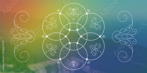 Sacred geometry zentangle inspired design template with oriental tribal ornaments. Flower of life ornamental new age art.  Meditation symbol in front of natural background.