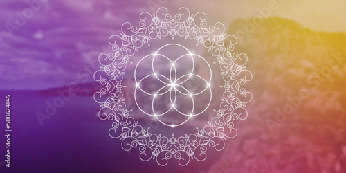 Sacred geometry zentangle inspired design template with oriental tribal ornaments. Flower of life ornamental new age art.  Meditation symbol in front of natural background.